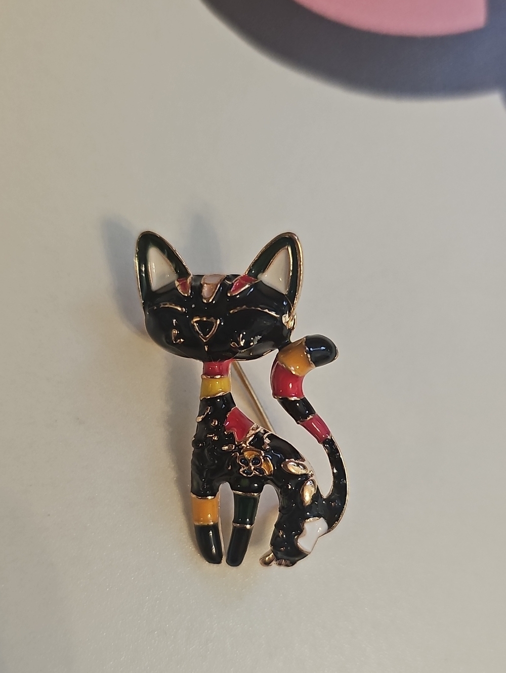 Black Cat Brooch Gold Tone Metal Oriental Style
